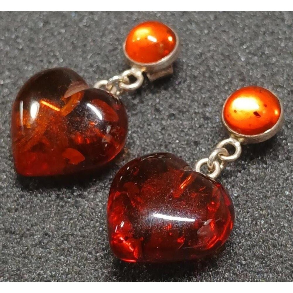 Vintage Baltic Amber Heart Dangle Earrings Sterling Cuff 1.25"